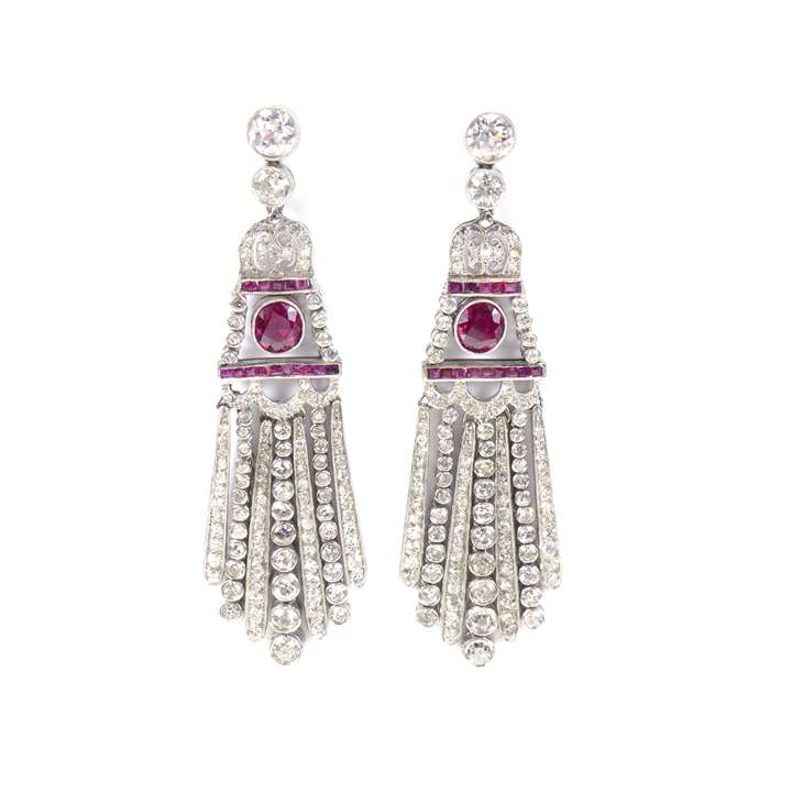 Pair of early 20th century ruby and diamond fringe pendant earrings